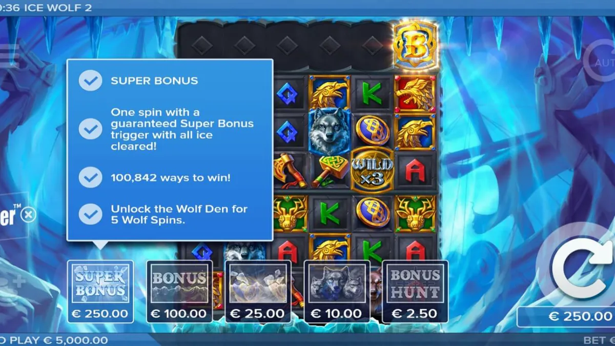 Pemandangan grid es yang membeku dalam permainan slot Ice Wolf 2