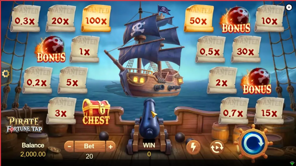 Tampilan layar permainan Pirate Fortune Tap dengan meriam dan target bajak laut