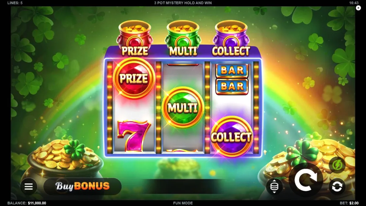 Tampilan visual slot 3 Pot Mystery Hold and Win dengan tema tambang emas